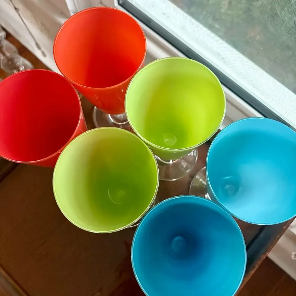 Vintage Hand Blown Colorful Glass Goblets Set of 6 Art Glass